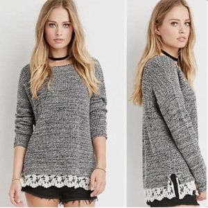 Forever 21Marled Grey Crew Neck Sweater w/ Lace Trim szM